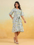Janasya Women's Off White Linen Cotton Floral Printed A-line Dress